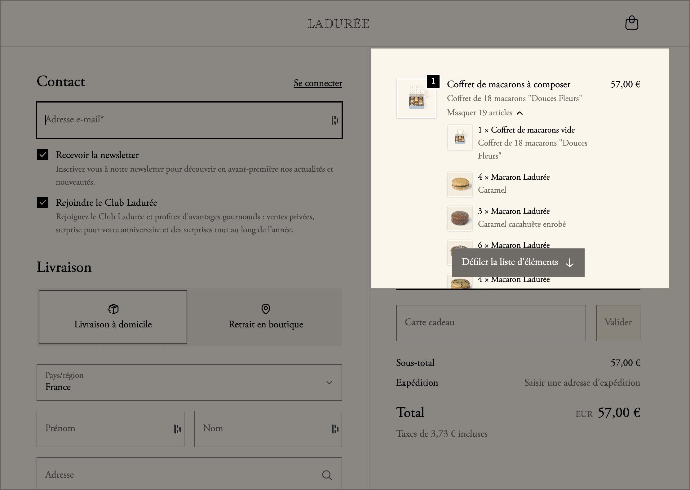 Ladurée flow step 3 wide checkout screenshot with selected bundle components
